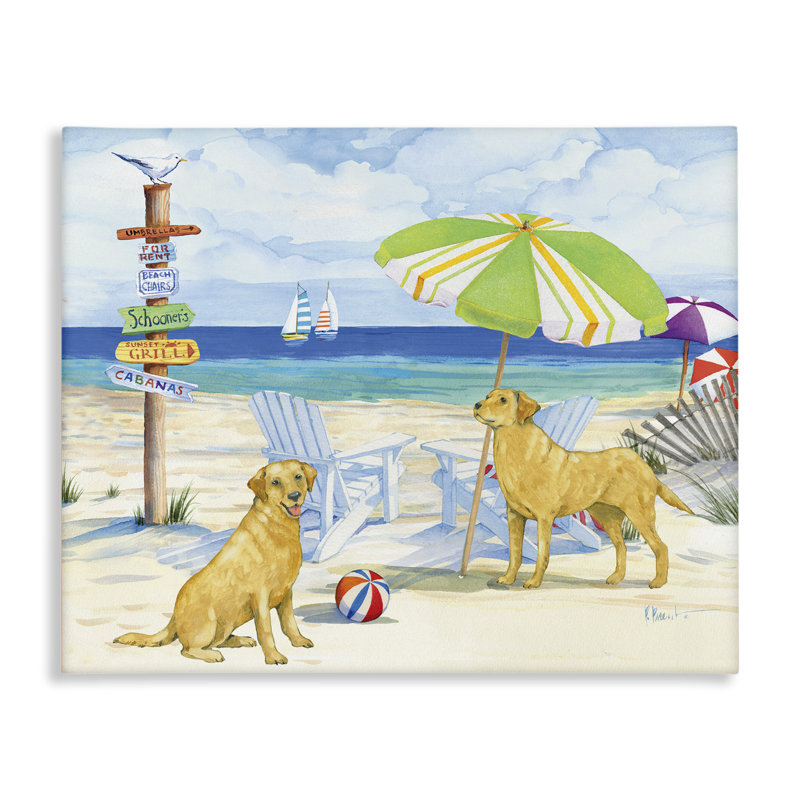 "Retriever Dogs at Beach", art mural sur toile par Paul Brent, H 24 po x l 30 po