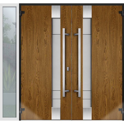 Porte d'entrée extérieure prémontée en métal, modèle Deux 1713, chêne naturel, vitrage dépoli, imposte latérale, fenêtre blanche, style moderne, peinte, ouverture vers l'intérieur à droite, dimensions : 84 x 80 pouces.