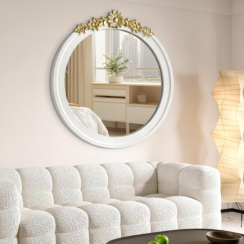 White Round Wooden Mirror