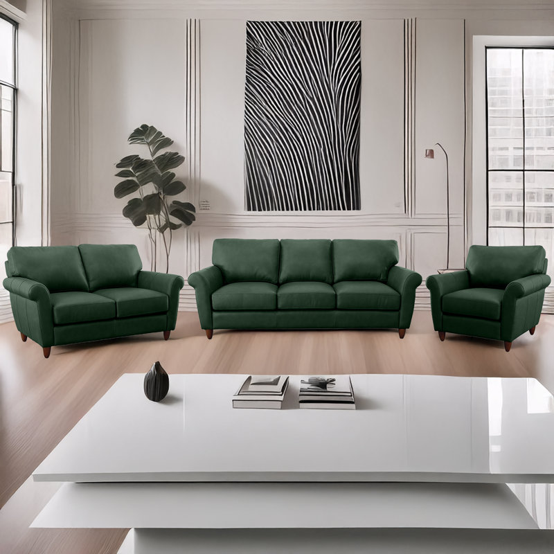 Ensemble de canapé, causeuse et chaise en cuir 100% grain de coton Cherish, Vert