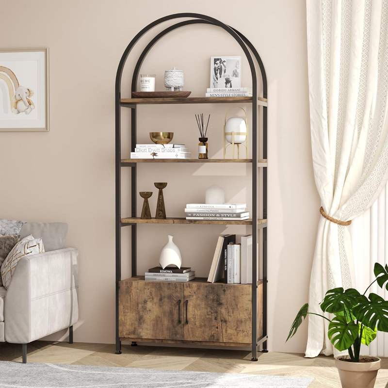 Arched Bookshelf, Bookcase With Doors Storage, Brown