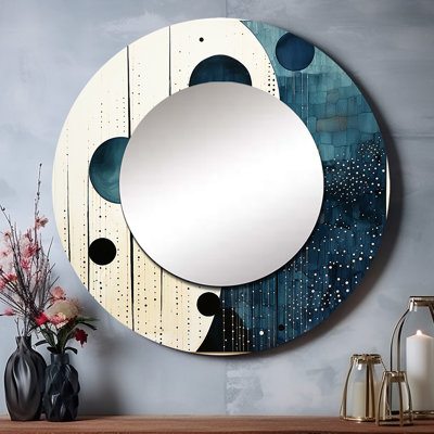 Bleu sarcelle, style Mid-Century, pluie minimaliste I - miroir minimaliste, miroir mural rond bleu sarcelle, impression sur métal