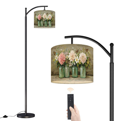 Arc Floor Lamp with Adjustable Lampshade Teal Bathroom Bathroom Sign Picture Farmhouse Butterfly Flower Canvas Standing Lamp 3 Colour Temperatures Dimmable Tall Pole Lamp with Foot Switch for Bedroom