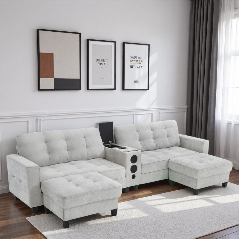 Canapé modulaire moderne en forme de U avec repose-pieds de rangement mobile, console multifonctionnelle, haut-parleurs Bluetooth et lumières à DEL
