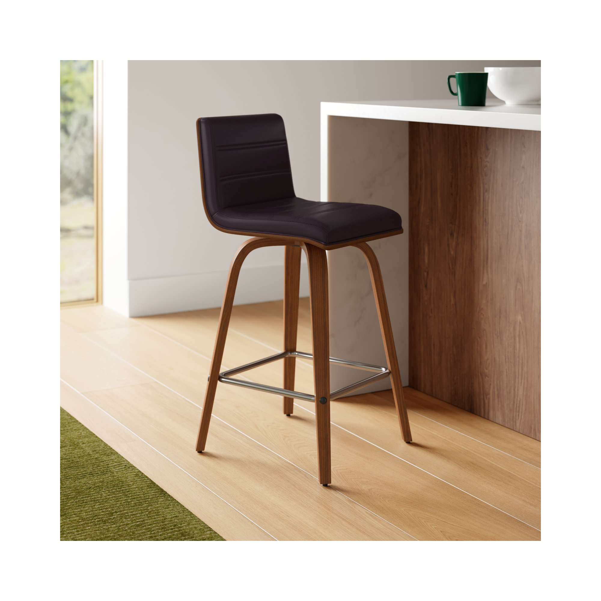 Biance Solid Wood Swivel Bar & Counter Stool, Counter Stool (26" Seat Height), Brown Faux Leather, Walnut