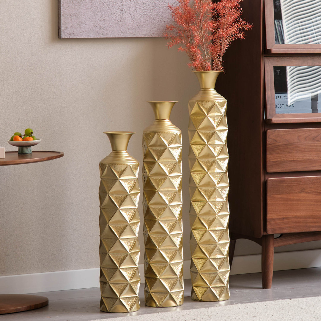 Medhansh Metal Floor Vase, Tall Large Floor Vase with Glittering Triangle Prism Design (Set of 3) Everly Quinn