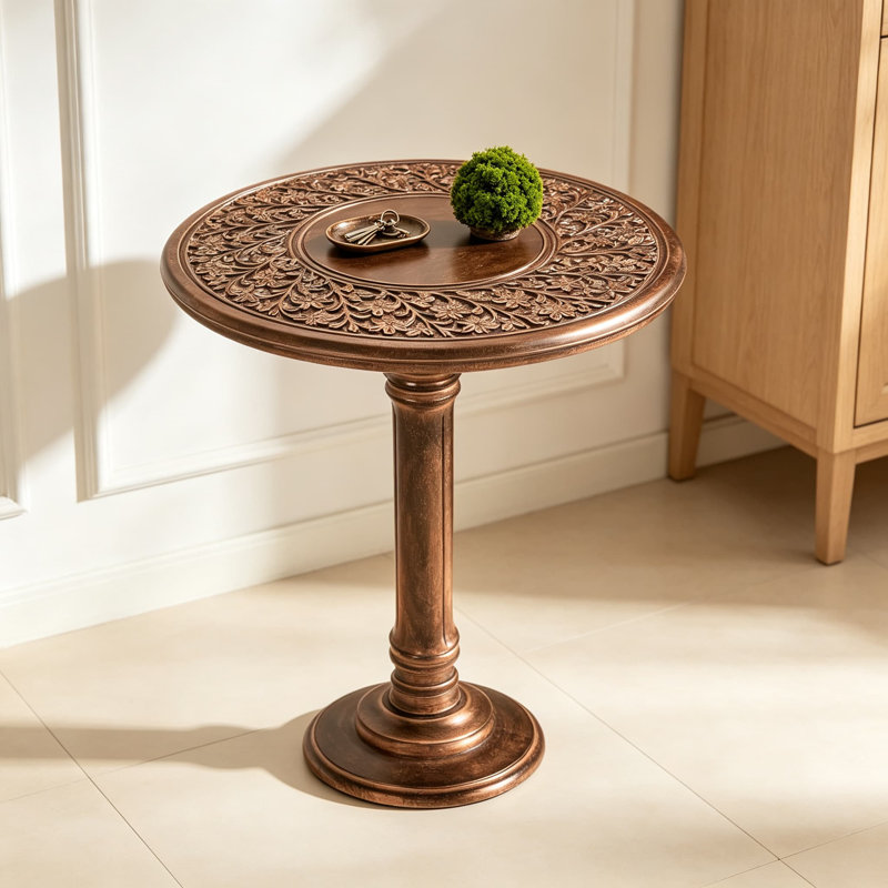 Table de bout en bois avec piédestal sculpté, table d'appoint fabriquée à la main en bois de manguier massif pour le salon, la chambre à coucher, la table de chevet décorative pour les livres, les plantes et la décoration