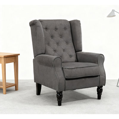 Modern accent Chair , Button-Tufted  with Round Armrests and Wood Legs, Dark Gray