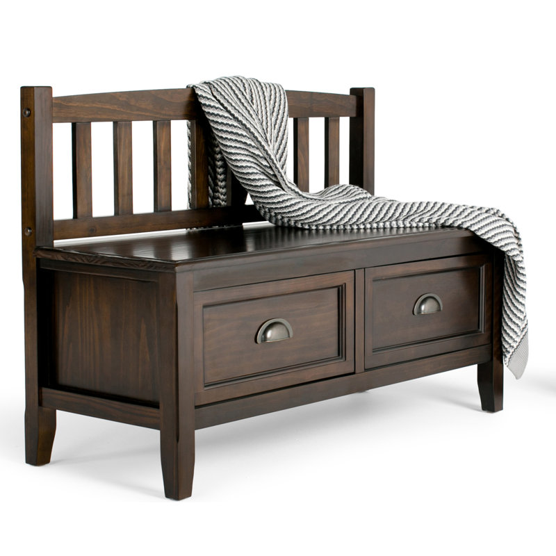 Banc de rangement en bois massif de 42 po avec tiroirs, poignées bronze et pieds fuselés Burlington, Brun acajou