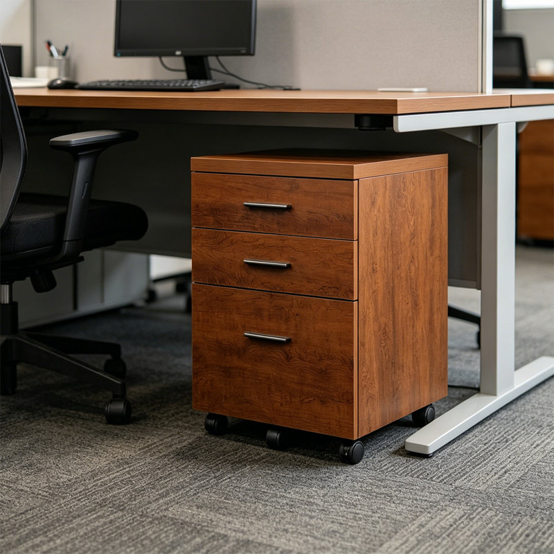 Classeur 3 tiroirs, classeur sous le bureau en bois, support d'imprimante avec roulettes pour bureau personnel, Brown