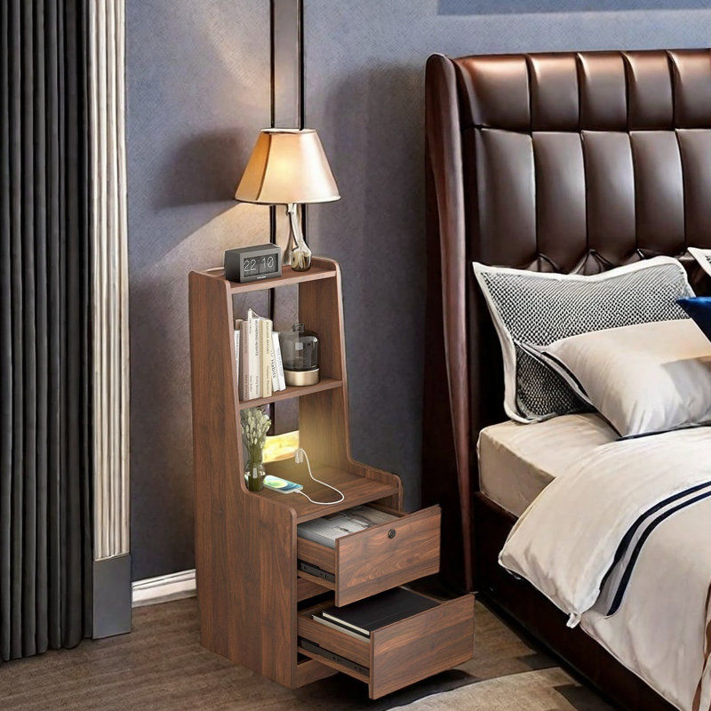 Table de chevet intelligente avec veilleuse à commande vocale, prise de courant et ports de charge USB, armoire de rangement verrouillable et tablettes ouvertes, table de chevet moderne en bois pour la chambre à coucher