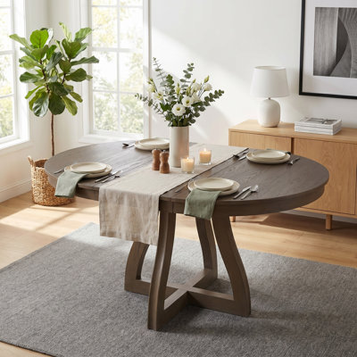 Round Extendable Dining Table for 4-6, 16" Middle Leaf, Curved Table Legs & X-Shaped Base, Farmhouse Kitchen Table, 42.1" to 58.1" Rustic Oak Finish,