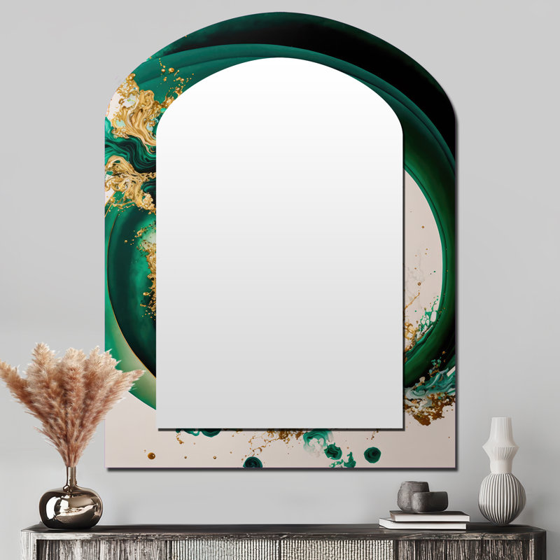 Emerald Green And Gold Abstract Waves II - Abstract Spirals Arch Wall Mirror, Modern Asymmetrical Decorative Mirror, Printed Metal Art
