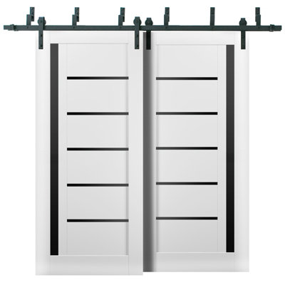 Portes coulissantes de style grange Quadro 4588 Blanc Soie avec verre noir, rails robustes de 2 m, quincaillerie incluse, portes de placard en bois massif pour chambre à coucher - 91 x 213 cm (2 x 46 x 213 cm) - Verre noir