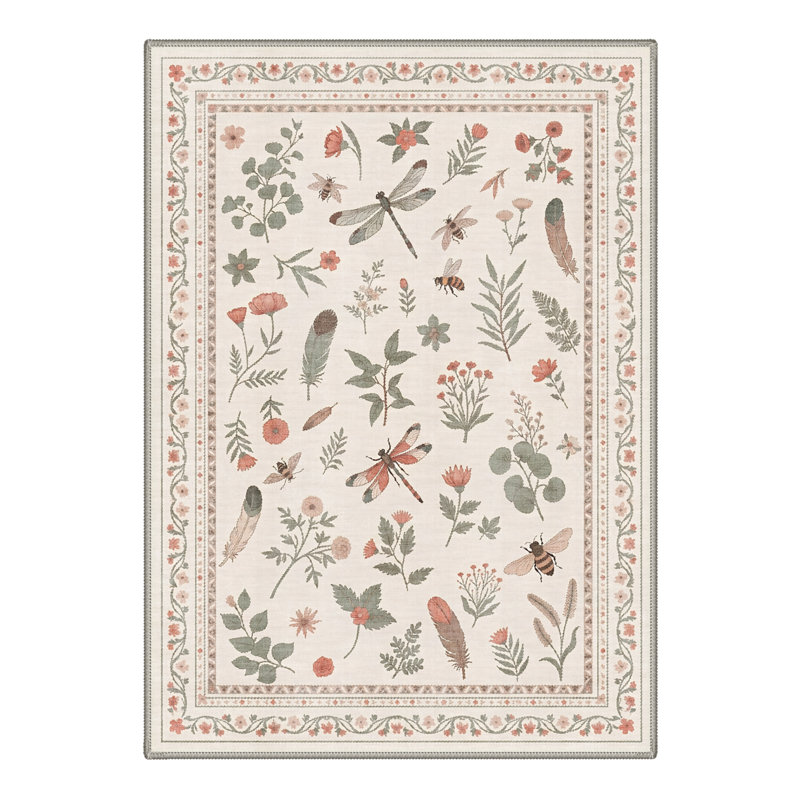 Adonis Wildmere Rustic Machine Washable Beige / Green / Pink Indoor Area Rug with Non-Slip Backing, Rectangle 5' x 7'
