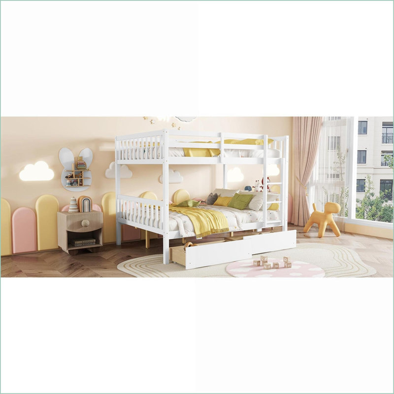 Full Over Full Rubber Wood Bunk Bed – Convertible to 2 Beds, 2 Storage Drawers, No Box Spring Needed, White, Full, White