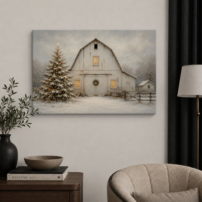 Christmas Barn Tree Holiday Artwork, Living Room Pictures, Framed Canvas Giclee Print Wall Art