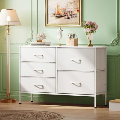 Chaseburg 5-Drawer Dresser With Wooden, 39.4'' White Dresser With Steel Frame, Wide Chest of Drawer For Hallway, Bedroom Dresser