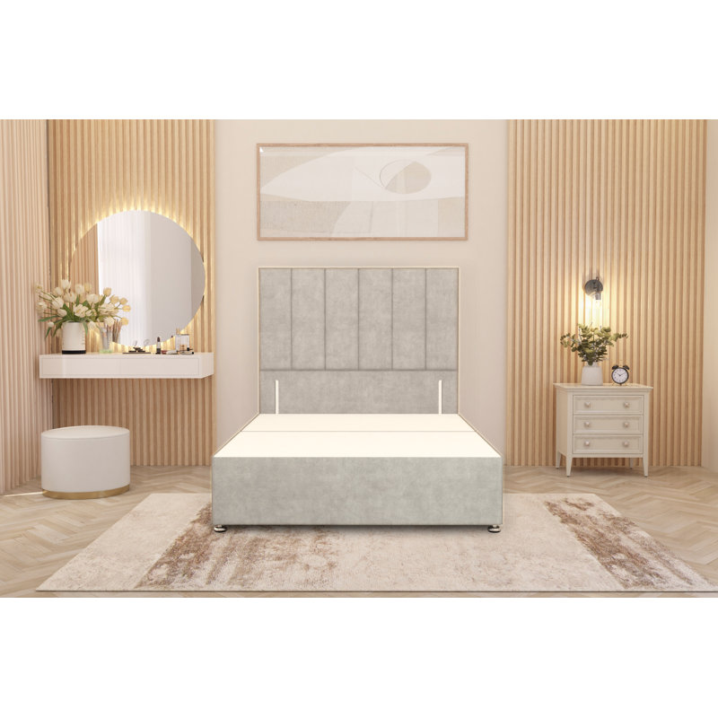 Asterin Divan Bed Base with 54" Floor Standing Headboard Plush Velvet, Silver, Double (4'6), 2 Drawers