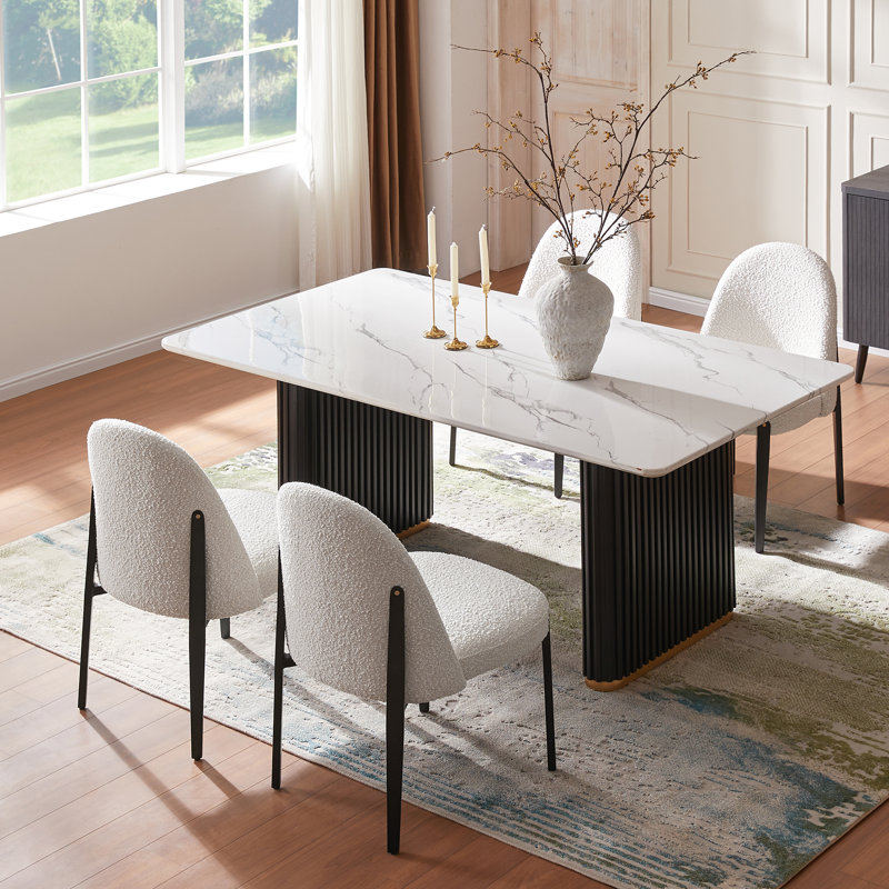 Ensemble de salle à manger à double piédestal pour 4 personnes, Blanc, 5 pièces: table, 4 chaises