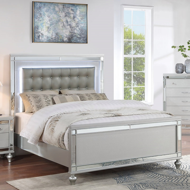 Magnifique lit capitonné en similicuir avec lumières DEL 1pc, Grand