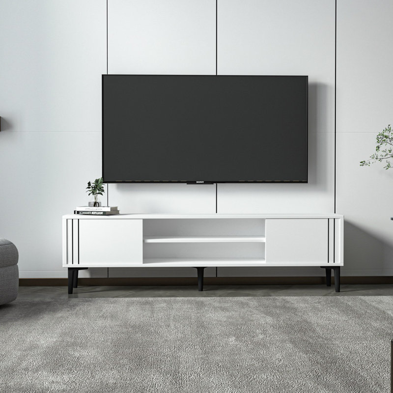 Meuble télé blanc moderne 55,1 po x 17,6 po x 11,6 po | 100% panneau de particules enduit de mélamine, épaisseur: 0,7 pouce | Conception élégante pour le salon et les espaces de divertissement, finition durable et élégante