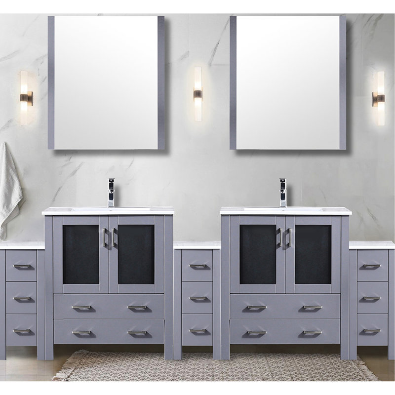 Meuble-lavabo double gris foncé A avec armoires latérales, comptoir en céramique blanche, structure en bois massif, mécanisme de fermeture en douceur, deux armoires intérieures et treize tiroirs pour un grand rangement