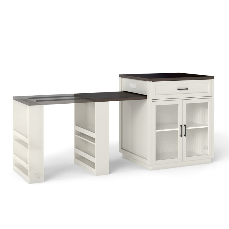 83.1'' Extendable Kitchen Island with Slide Out Table and Storage Racks for 2-6 Person,Kitchen Island with Tempered Glass Doors,Walnut Woodgrain Dining Table,Power Outlet,Bar,Prep Station(Cream White)