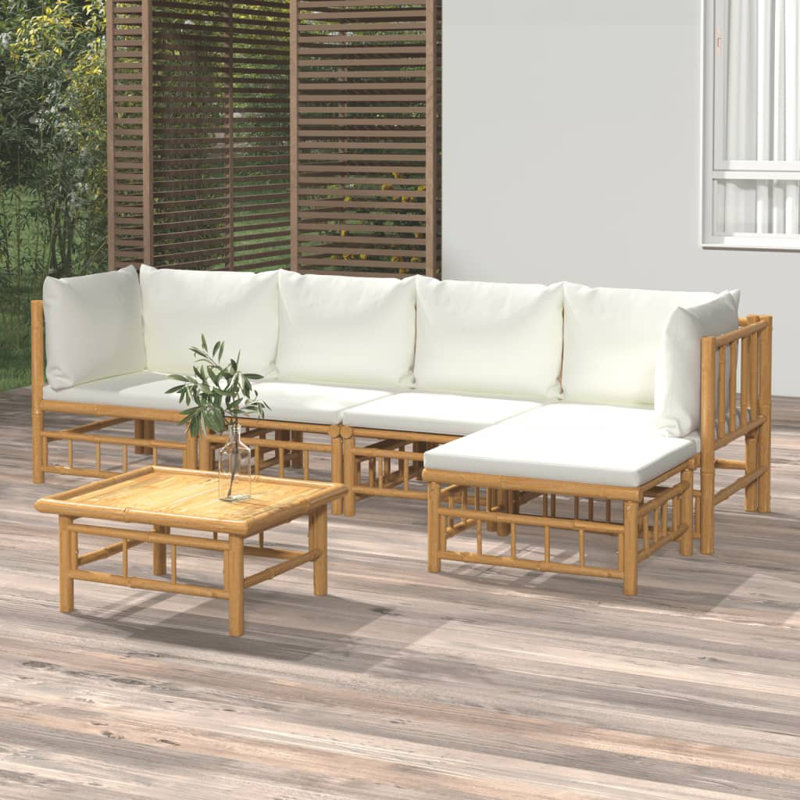 Ensemble de salon de jardin modulaire en bambou blanc crème et polyester