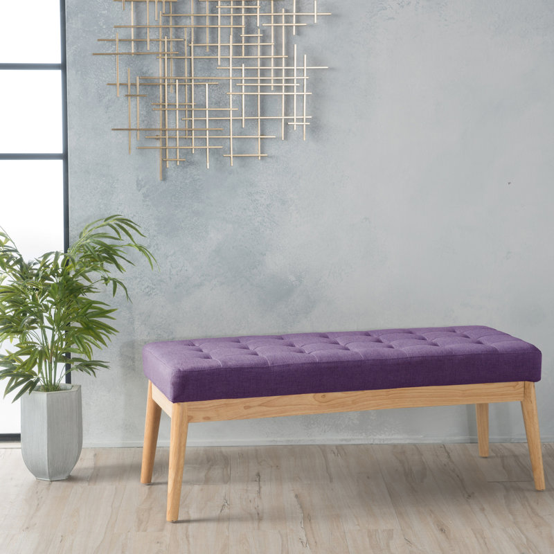Banc Mid-Century, siège de couleur mauve, pieds en bois massif