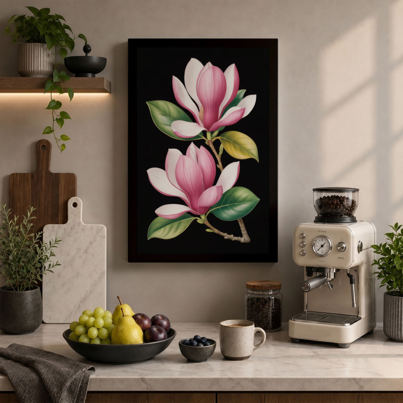 Magnolia Florals Botanical - Wrapped Canvas, 36x24 - 91.4 x 61.0 cm, Black Border