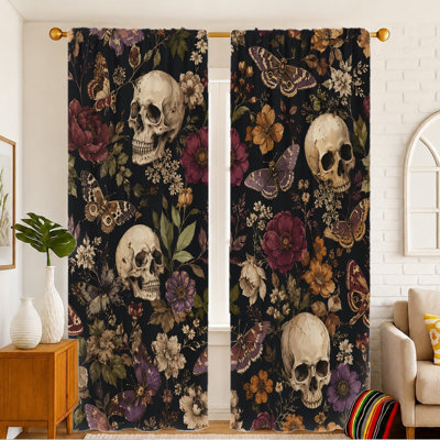 Rideaux en crâne et papillon 2 pièces, imprimé floral rétro, tissu filtrant la lumière, conception à passe-tringle, protection de la vie privée, convient au salon, à la chambre à coucher et à la maison pour adolescent