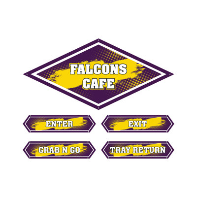 AmTab - Serving-Décor-S02-L-EC - Serving Area Signage (5 pieces) - Style 2 - Falcons
Café Sign: 24"W x 72"L
Enter Sign:  8.5"W x 36"L
Exit Sign:  8.5"W x 36"L
Grab N Go Sign:  8.5"W x 36"L
Tray Return Sign:  8.5"W x 36"L