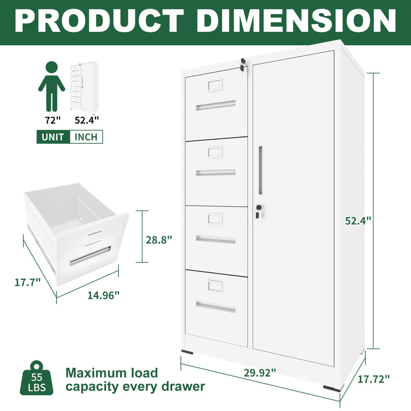 Office - Suitable Vertical Metal File Cabinet In White With 4 Drawers And Lock Cold Rolled Steel, Adjustable Hanging, Clothing Storage