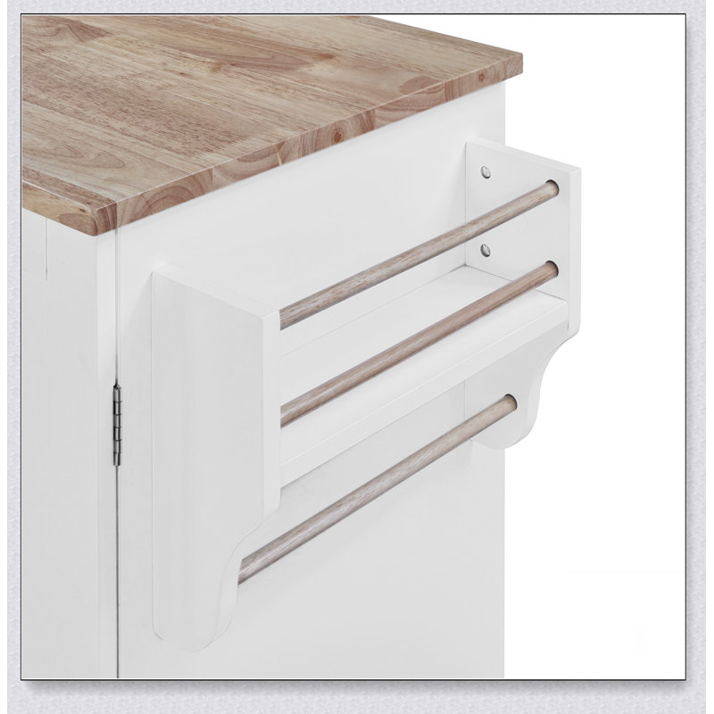 Rolling Kitchen Island with Storage, Kitchen Cart with Rubber Wood Top, White