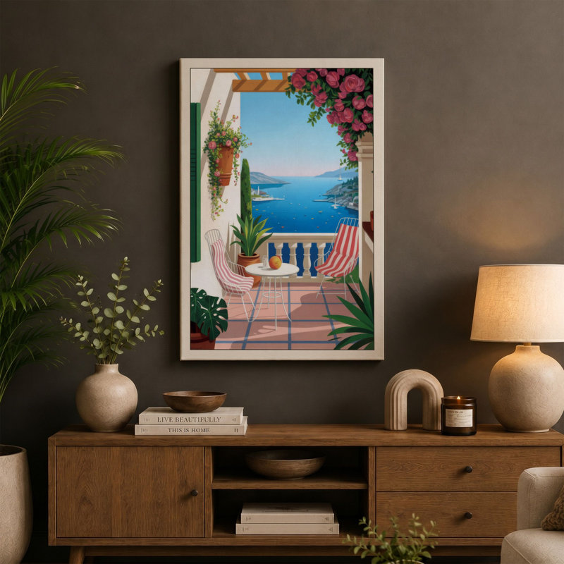 Mediterranean Terrace Coastal - Wrapped Canvas, 24x16 - 61.0 x 40.6 cm, Teal Border