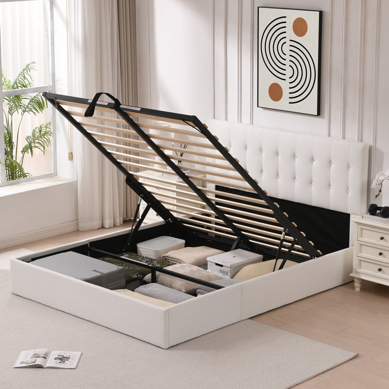 Lit plateforme tapissier avec rangement Arcadia, Grand, Blanc