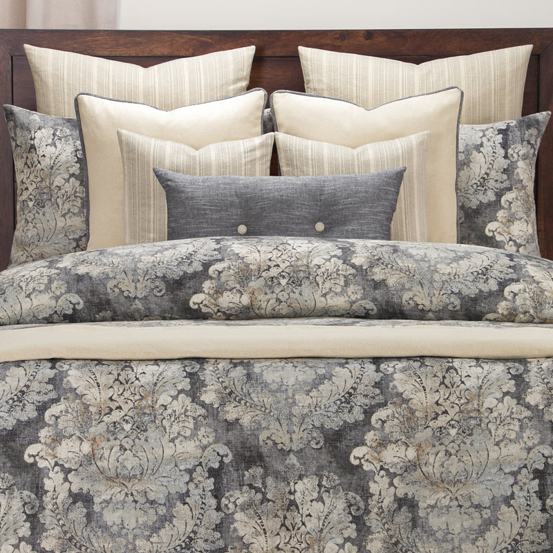 Twin Gray and Beige Linen Duvet Cover Set with Damask Pattern