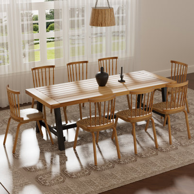 Farmhouse Rectangle Dining Set with Mid-century Windsor Chair Set