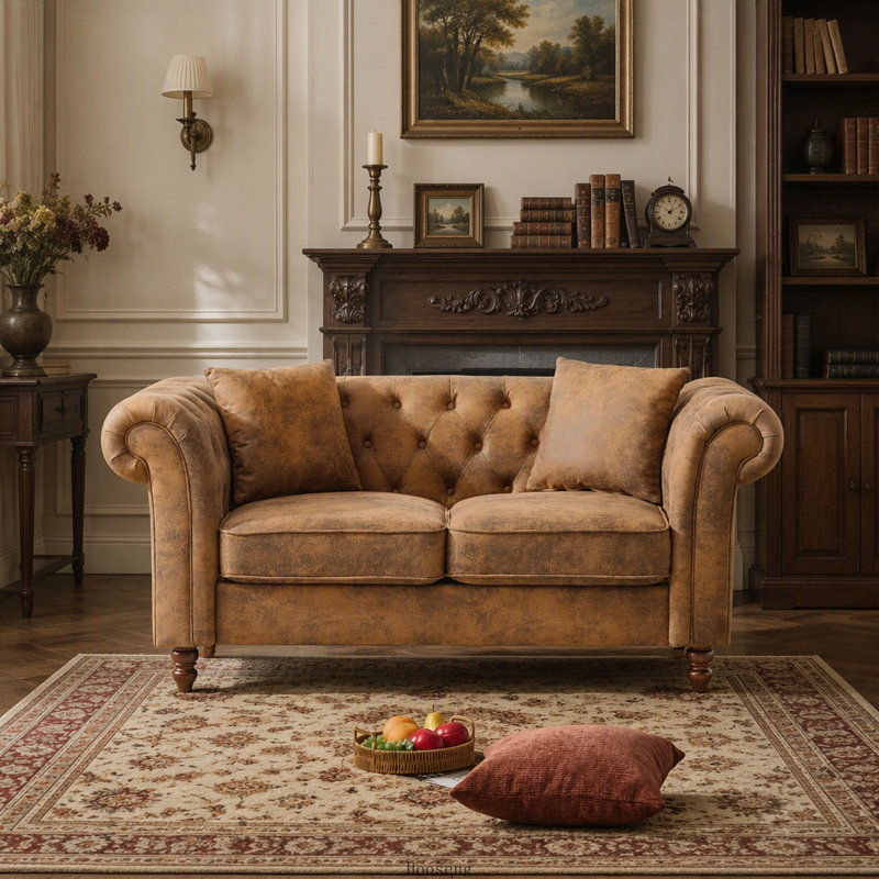 Canapé Chesterfield 2 places en tissu technique de 160 cm avec accoudoirs arrondis, brun