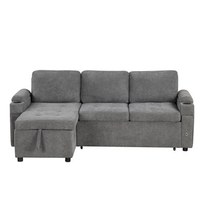 83.5" L-Shaped Sofa Couch Convertible Sofa Bed Sectional Sofa With Ample Storage Space, Two Cup Holders And Two USB Ports For Living Room, Gray