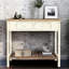 Console vintage à deux tiroirs et tablette ouverte, aspect vieilli, idéale pour les pièces à vivre principales, construction en sapin, hauteur maximale de 82,5 cm (32,48 pouces).