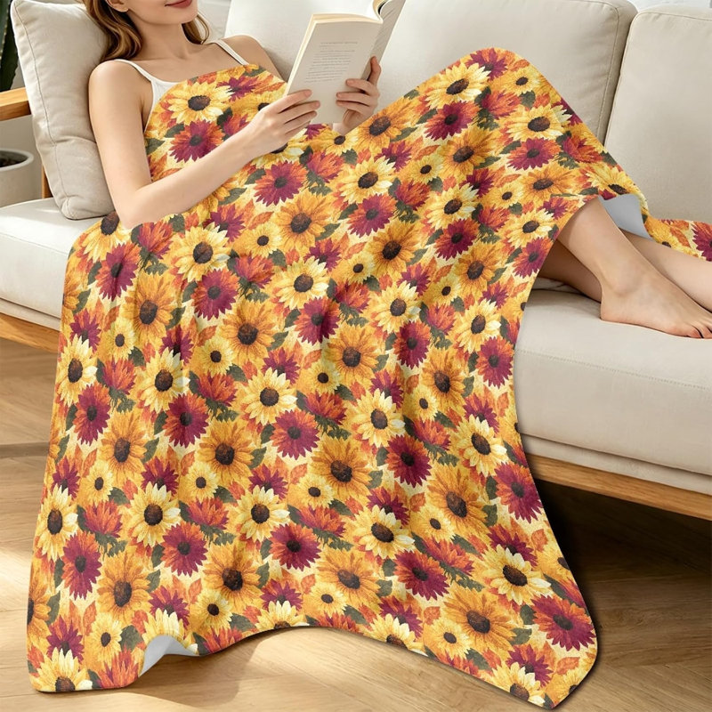 Plaid en flanelle à imprimé tournesol, style bohème, 152 x 203 cm, 60 po x 80 po