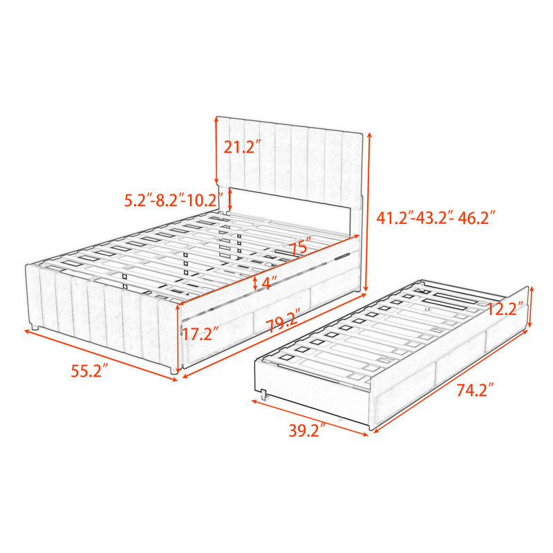 Lit plateforme tapissier avec lit gigogne et 3 tiroirs, Beige, Complète