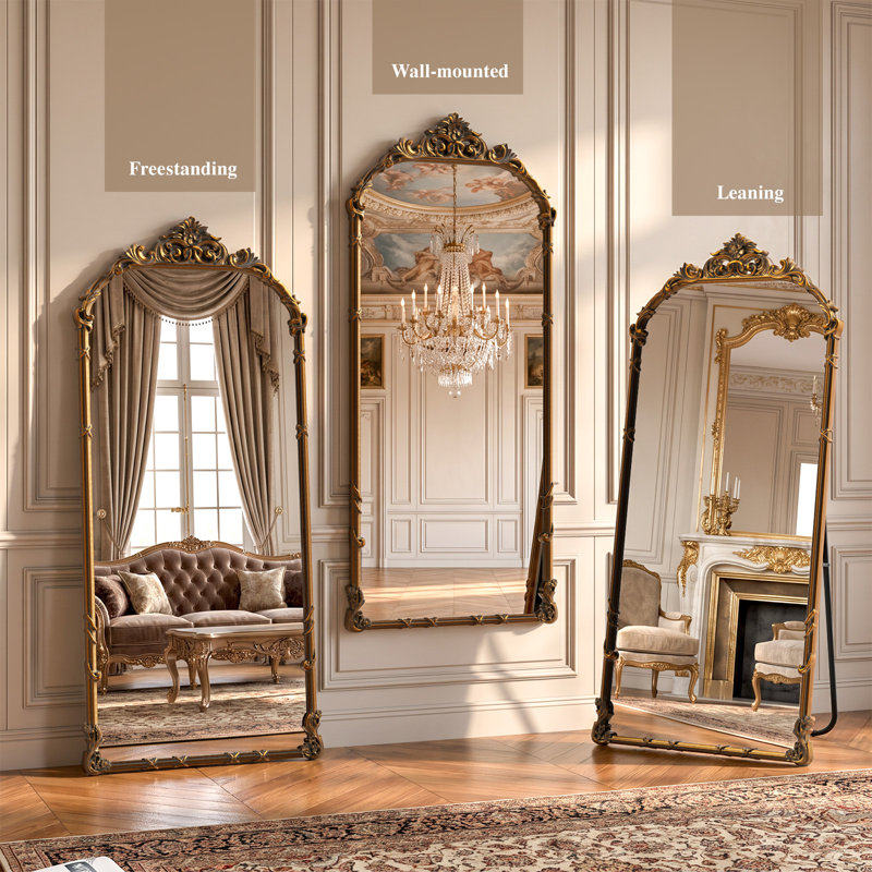 Miroir pleine grandeur sculpté arqué en polyuréthane, 28 po x 69 po, Bronze Antique