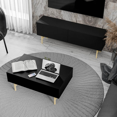 Ensemble de meubles de salon moderne, finition noire | Meuble télé (54,3 x 19,7 x 11,6 pouces) et table basse (35,4 x 21,3 x 15,6 pouces) | Panneau de particules 100% mélaminé, fixation murale, tablettes multiples pour le rangement et la présentation