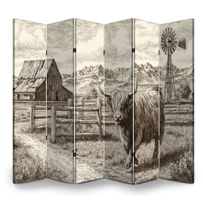 Paravent rustique à 6 panneaux paravent Royal Nostalgic, campagne, vache, grange, moulin, sépia, œuvre d'art rustique, toile, écran, séparateur de pièce