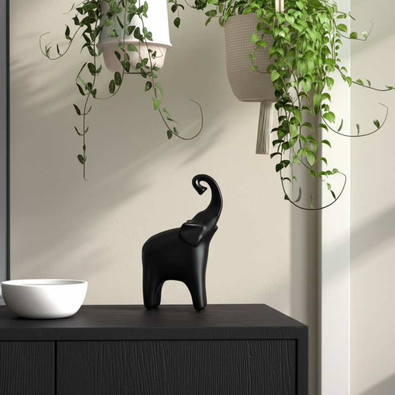 Gaener Stoneware and Ceramic Elephant Figurine with Glam Style - Modern Decorative Animal Sculpture Decor Accent, Black