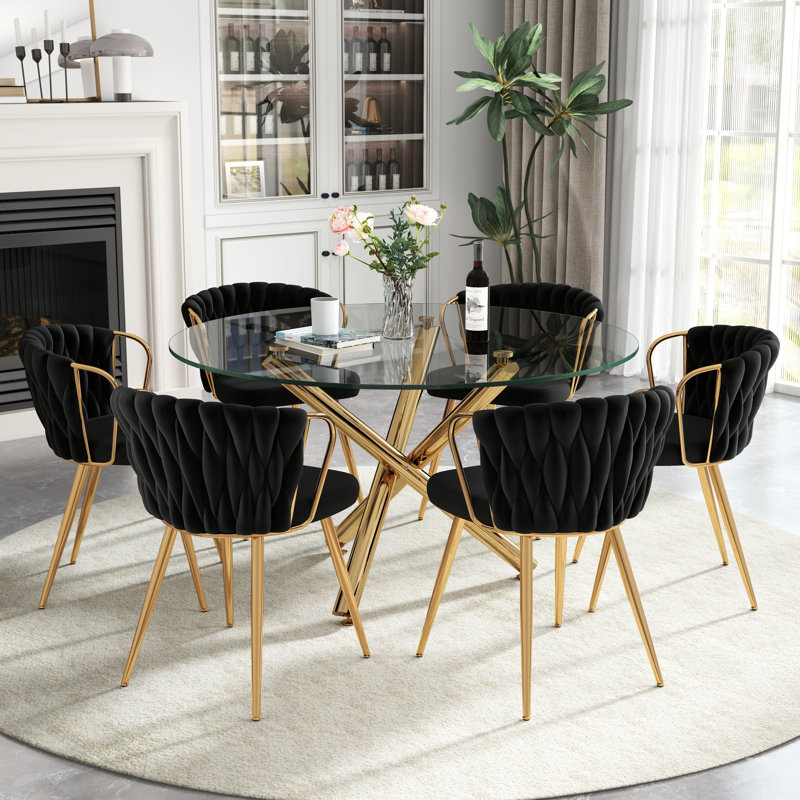 Ensemble de salle à manger 47 po, 7 pièces : table, 6 chaises, Noir, Doré