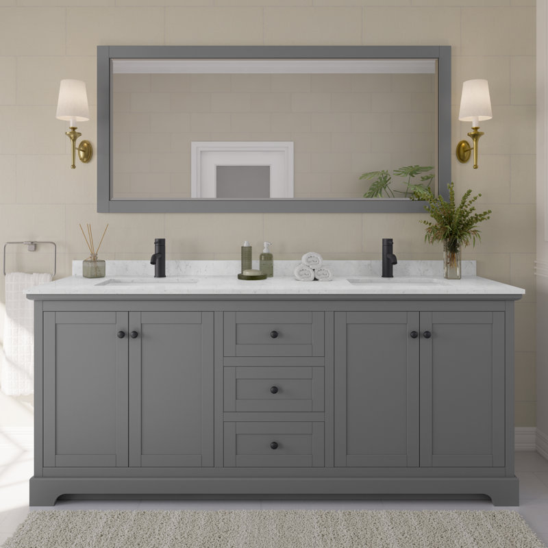 Ensemble de meuble-lavabo double 80 po Avery, Gris foncé, Marbre de culture de Carrare veiné clair, Noir mat